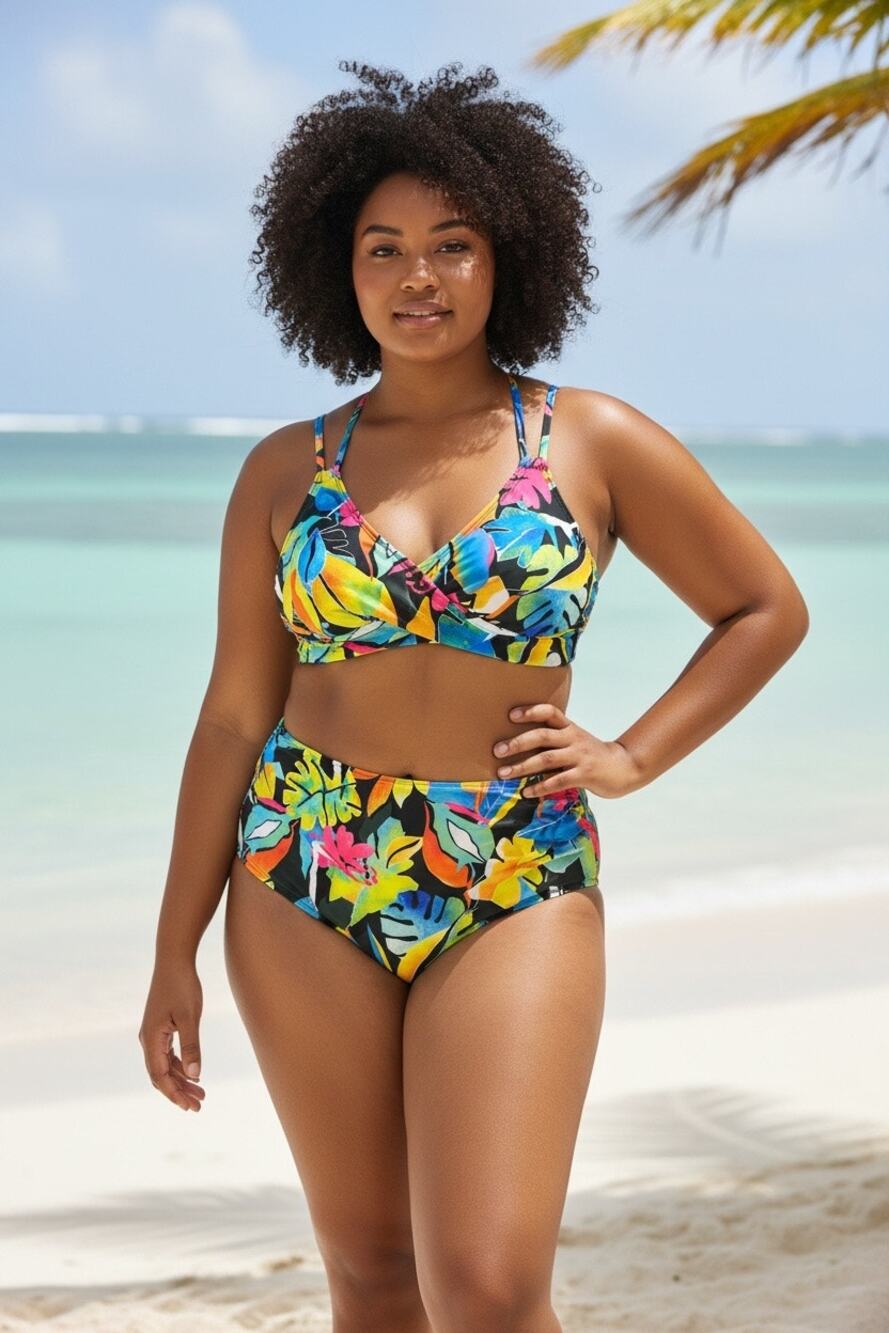 Holipick Tropical Print High Waisted Bikini Set Women's Medium Colorful Swimwear